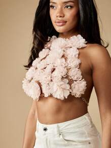 MISSGUIDED Floral Chain Halter Top Handmade Rose Applique Crop Top Festival Summer Party Wedding Guest Special Occasion Statement Piece