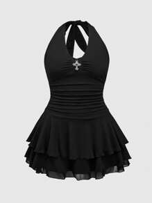 ROMWE J-Fashion Plus Size Women's Punk Cross Decor Multi-Layer Halter Mini Dress - Black - View 1