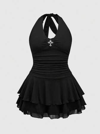 J-Fashion Plus Size Women's Punk Cross Decor Multi-Layer Halter Mini Dress