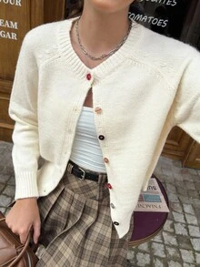 Jouncy Cárdigan casual de manga raglán de unicolor de moda - Blanco - Ver 5