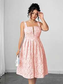 Elenzga Đầm hai dây họa tiết vải jacquard cổ chữ V cỡ lớn cho nữ, thiết kế eo, phong cách nghỉ dưỡng thường ngày - Màu Hồng baby - Xem 5