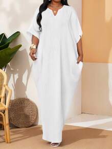 SHEIN Lady 春夏白色纹理编织面料V领长款宽松短袖加大码睡袍加大码连衣裙