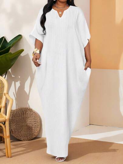 SHEIN Lady 春夏白色纹理编织面料V领长款宽松短袖加大码睡袍加大码连衣裙