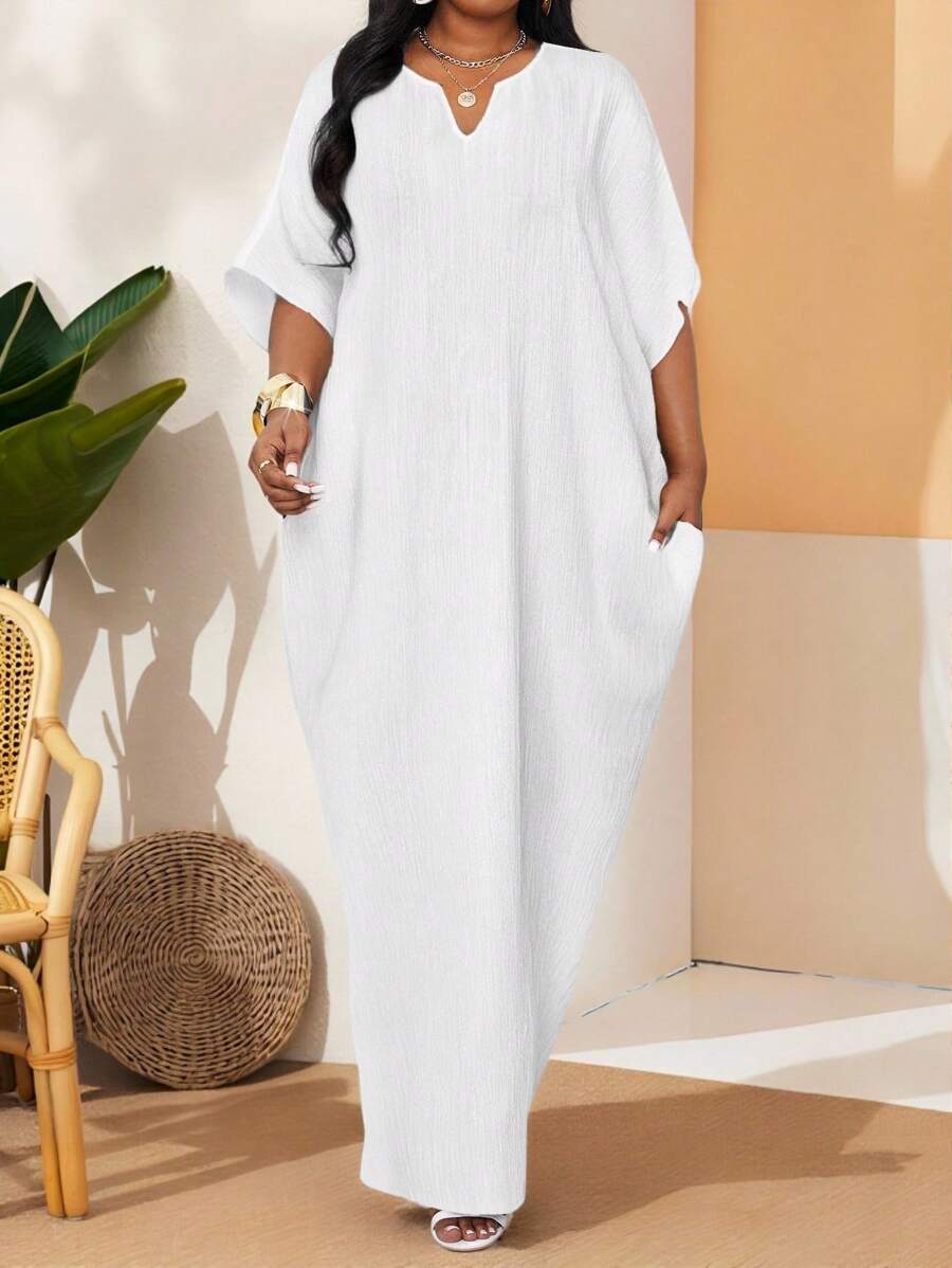 SHEIN Lady 春夏白色纹理编织面料V领长款宽松短袖加大码睡袍加大码连衣裙