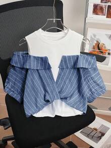 Franclia 女式条纹拼布露肩上衣，夏季