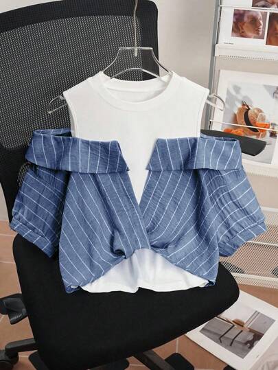 Franclia 女式条纹拼布露肩上衣，夏季