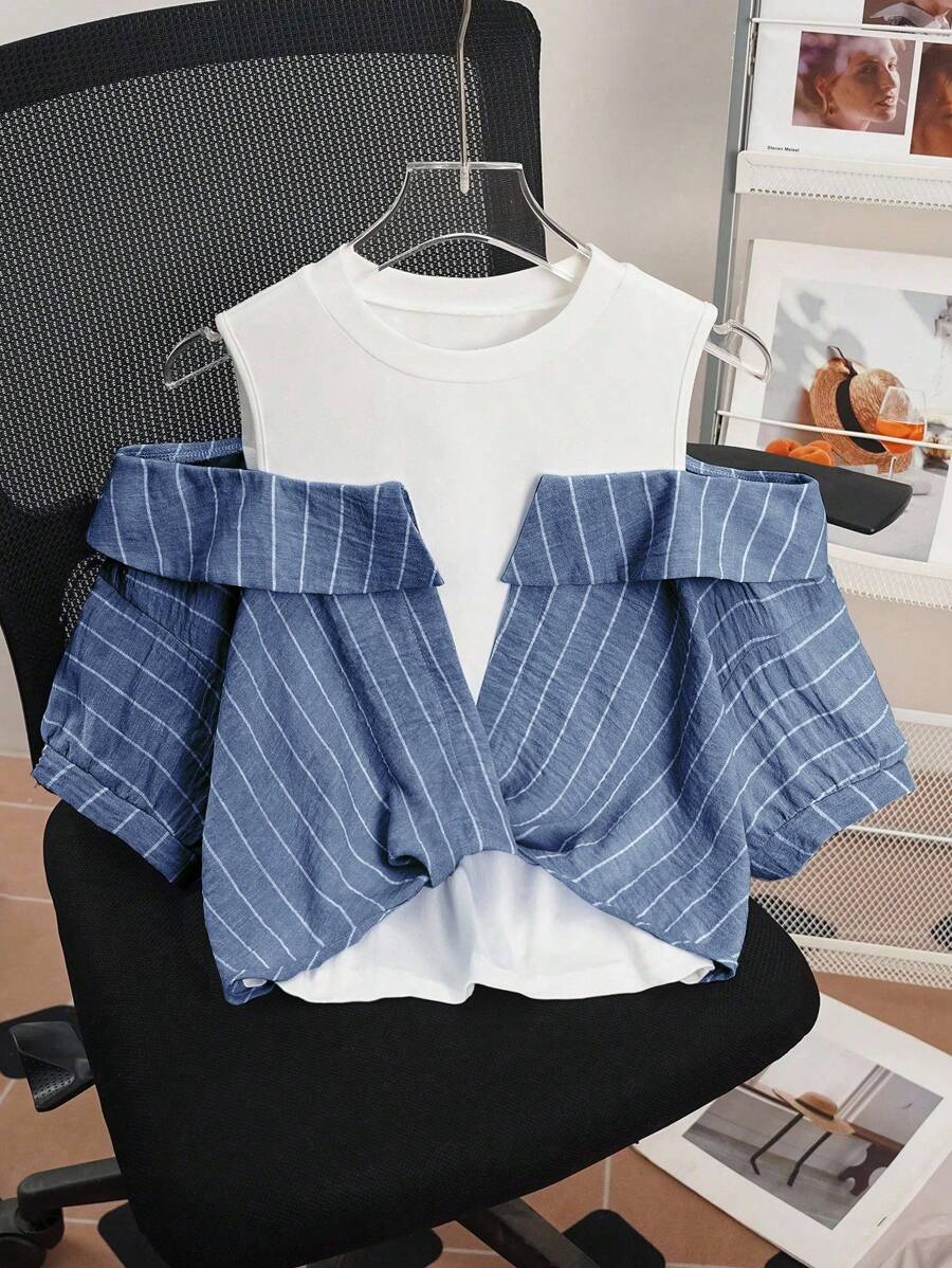 Franclia 女式条纹拼布露肩上衣，夏季