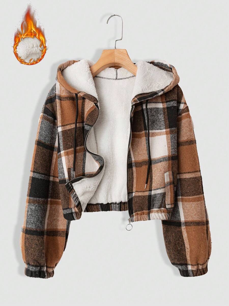 SHEIN Tall CURVE 大码女式格子印花连帽拉链保暖内衬短款长袖夹克 - 彩色 - 查看 1