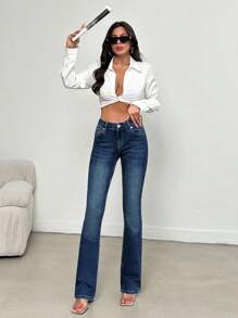 SHEIN Tall Casual Washed Low-Rise Slim Flared Jeans - Dark Wash - View 5