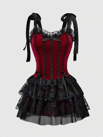 Goth Plus Size Women Gothic Vintage Palace Style Contrast Lace Trim Cross Pendant Strap Camisole Long Dress