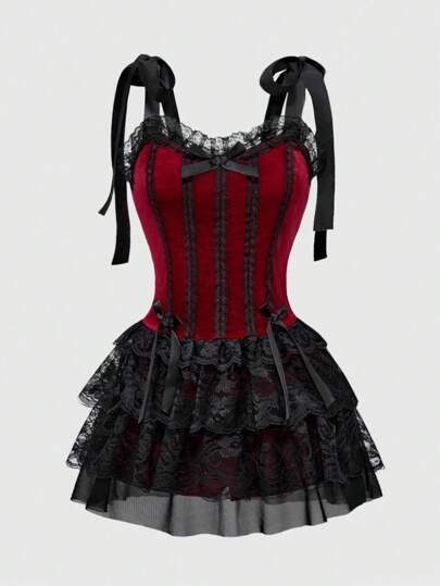 Goth Vestido largo de estilo camiseta de mujer talla grande con estilo vintage gótico palaciego, encaje de contraste y colgante de cruz en los tirantes