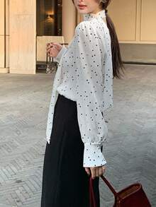 INAWLY Blusa feminina branca francesa romântica vintage com bolinhas e gola assimétrica - Multicolorido - Ver 3