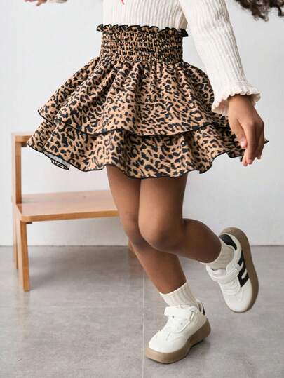 Maija Kids Maija Kids Young Girl Summer Casual Fashionable Street Leopard Print Drawstring High Waist Double Ruffle Hem Mini Skirt Leopard Skirt Cheetah Print Skirt Kids Kids Brown Skirts Skirt Kid Girl Cute Skirt Kids Leopard Print Skirt Leopard Print Skirt Girls Girls Leopard Skirt Tiered Leopard Skirt Fall Winter