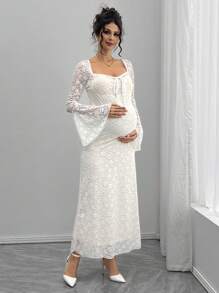 SHEIN Solid Color Lace Long Flare Sleeve Square Neck A-Line Fitted Maternity Dress - White - View 4