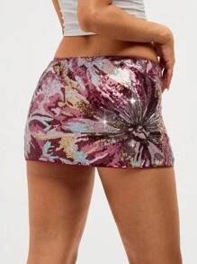 Aloruh Women's Shiny Sequin Mini Low Waist Bodycon Mesh Skirt, For Party & Evening Burgundy - Multicolor - View 2