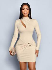 SOLERSUN 秋冬女装 派对 通勤 杏色 针织面料 长袖 小高领 立领 抽褶 百褶 胸部镂空 金属纽扣装饰 紧身性感 包臀小连衣裙 - 杏色 - 查看 5