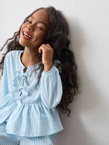 Maija Kids Maija Kids 2件套少女蝴蝶结装饰条纹短袖衬衫和短裤套装 - 藍白色 - 查看 1