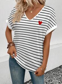 SHEIN Women's V-Neck Short Sleeve Loose Striped Heart Print Bestselling T-Shirt - Multicolor - View 3
