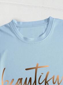 INAWLY 大码女式夏季短袖圆领休闲 T 恤，字母印花图案 T 恤女式上衣 - 淺藍色 - 查看 3