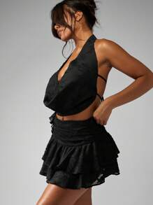 MISSGUIDED Áo kiểu Devore Chiffon sang trọng cổ đổ, yếm, thích hợp cho tiệc tối, câu lạc bộ, đêm, hở lưng, xếp nếp, thanh lịch, quyến rũ, lễ hội, kỳ nghỉ hè. Một món đồ nổi bật tạo điểm nhấn cho trang phục. - màu đen - Xem 5