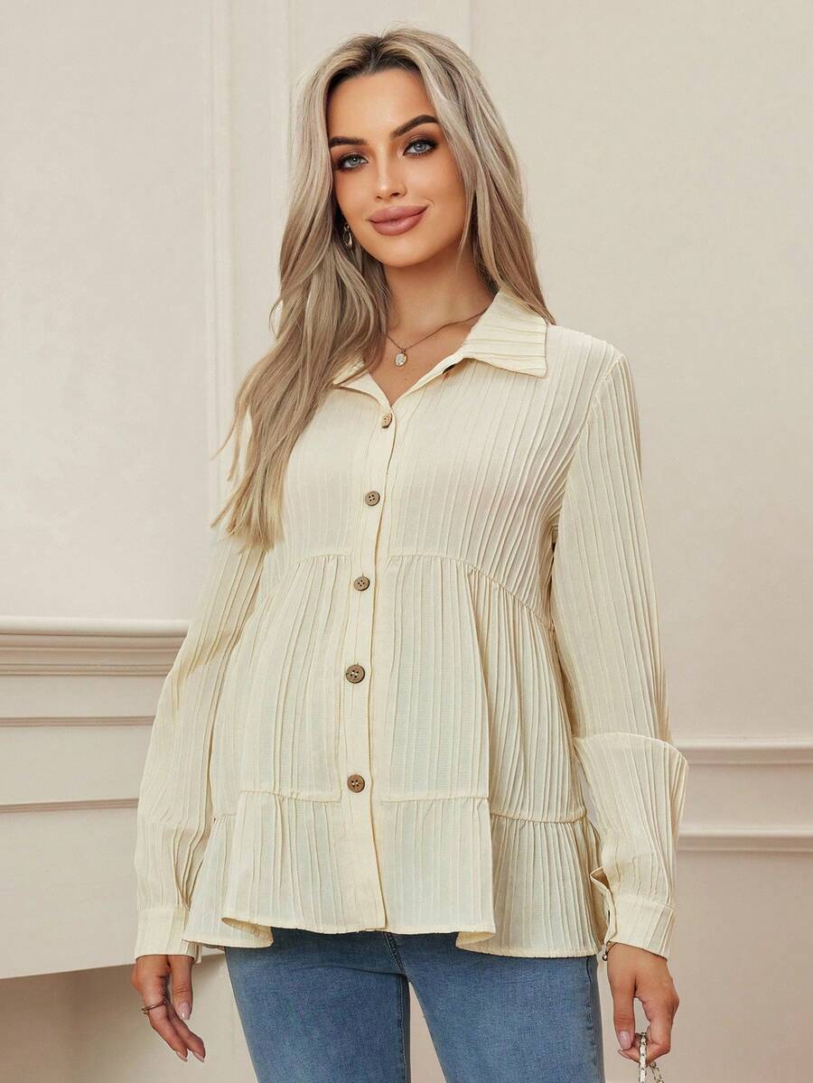 SHEIN Solid Color Long Sleeve Ruffle Hem Casual Maternity Shirt - Apricot - View 1