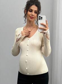 Momance V-Neck Pearl Button Lace Patchwork Knit Sweater Top, Fashionable Layering Piece For Women, Autumn/Winter - Apricot - View 6