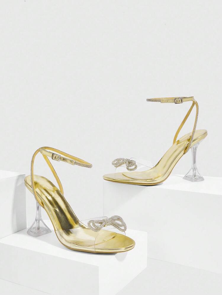 CUCCOO SZL Women's Gold Metallic Bowknot Fashionable Sexy Ankle Strap Round Toe Glass Yellow Heel High Yellow Heel Sandals