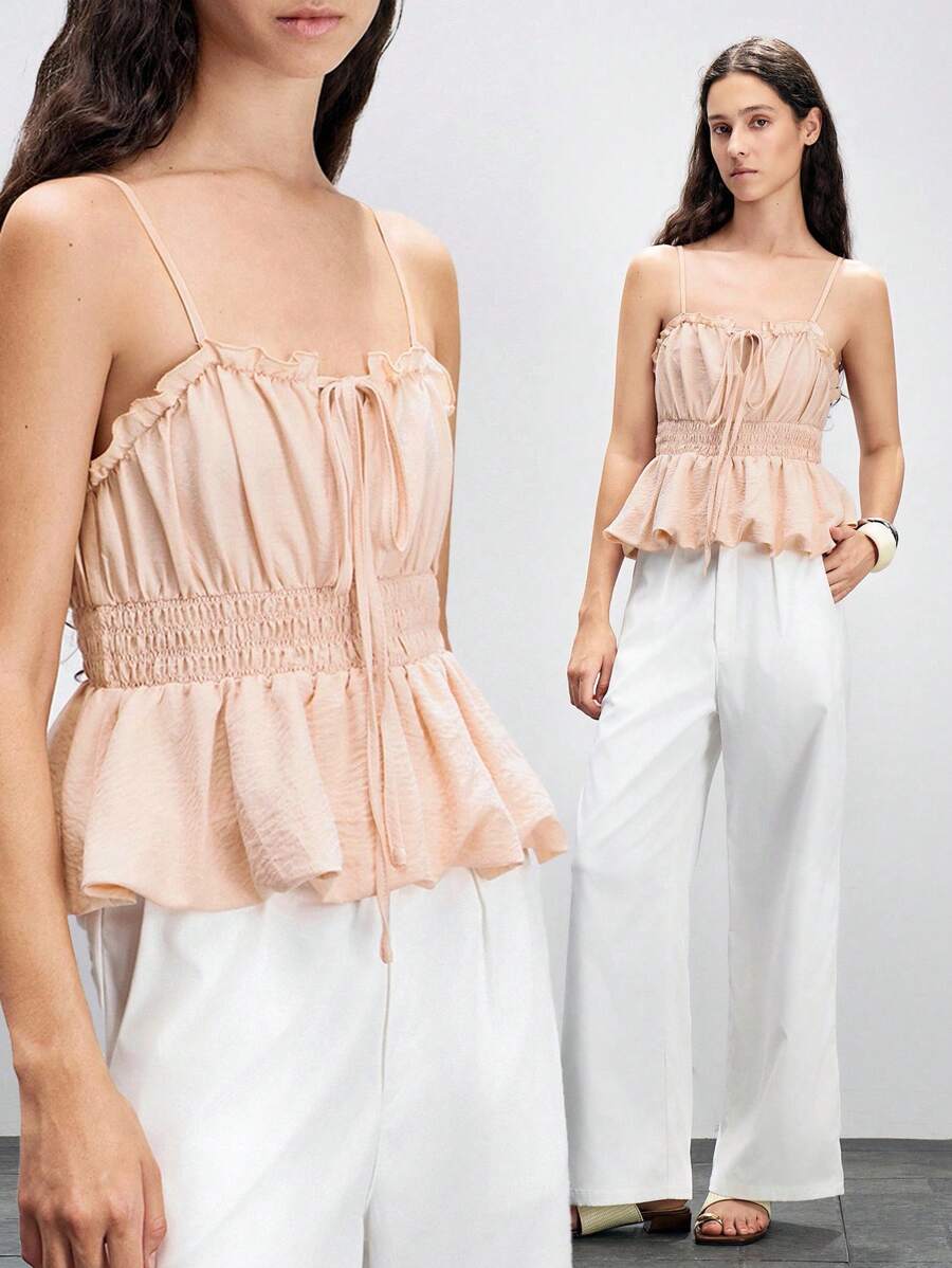 Lumivelle Women's Solid Color Peplum Hem Summer Camisole Clothes For University - Dusty Pink - View 1