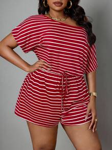 SHEIN PETITE CURVE 大码女式连体衣，休闲条纹连体衣，夏季女式连衣裙连体裤，短裤女式连体衣 - 紅色 - 查看 5