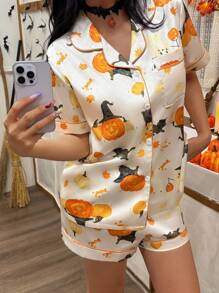万圣节南瓜印花短袖短裤睡衣套装 - 白色 - 查看 6