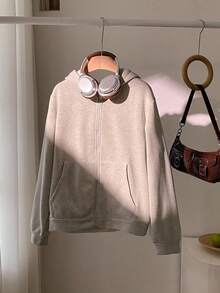 青少年（女孩）百搭休闲运动日常高街宽松连帽口袋落肩卫衣夹克