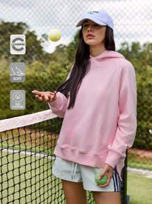 Menodora SHEIN Sport Women's Casual Plain Color Pink Hoodie, Versatile,Back To School,Autumn,Cotton Tops - Pink - View 9