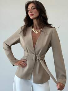 Aloruh 秋冬女士优雅纯色束腰西装外套 - 卡其色 - 查看 4