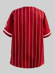 SHEIN 3 件套青少年女孩时尚运动装 - 黑色条纹复古字母印花宽松夹克衬衫、白色修身吊带背心、黄色短裤套装 - 酒紅色 - 查看 4