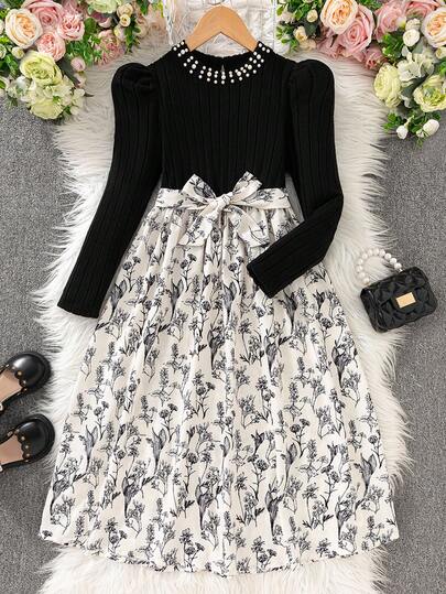 Sparklyn 青少年女孩休闲时尚日常腰带长袖连衣裙