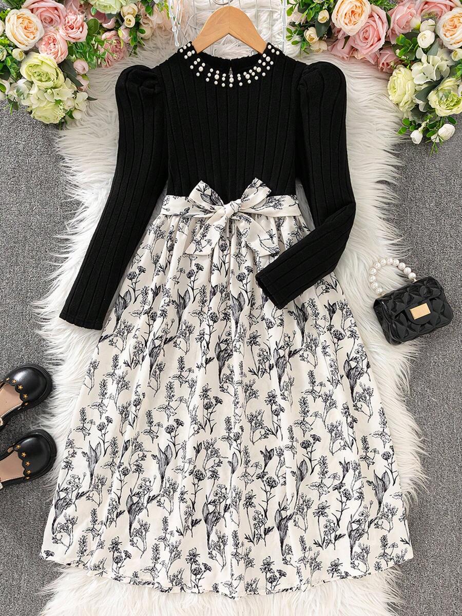 Sparklyn Tween Girls Casual Fashion Daily Waist Tie Long Sleeve Dress Fall Winter