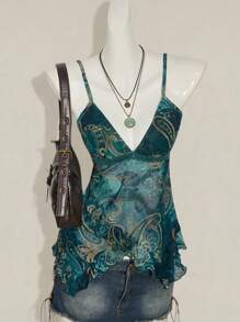 SHEIN ICON Women's Vacation Cashew Floral Print Ruffled Strap Camisole 4th Of July Women Outfits Cute Summer Tops Going Out Tops - Multicolor - View 3