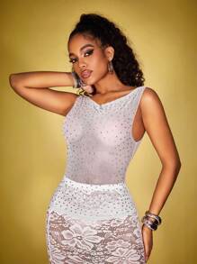 INAWLY Nightclub Fashion Rhinestone Net Boat Neck Bodycon Tank Top For Women - Grey - View 6