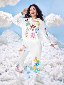 SHEIN X Care Bears 大码卡通图案连帽运动衫和运动裤休闲两件套