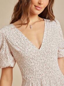 WESTFADE Floral Textured Woven V Neck Puff Sleeve Fit & Flare Mini Dress Fall Back To School Country Concert Outfit - Pink - View 3