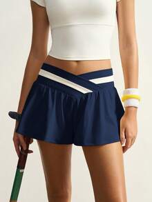 VARSIVA 女式撞色条纹V腰休闲百搭运动短裙短裤 - 藏蓝色 - 查看 1