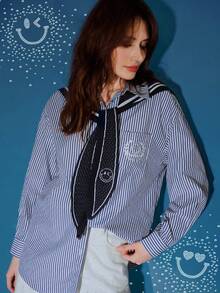 S.W.Smiley x MOTF PREMIUM STRIPED EMBROIDERY DETAIL SHIRT - Blue - View 7