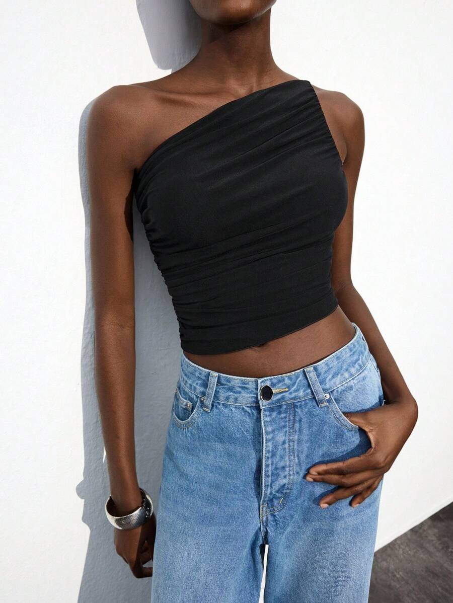 Maija New Asymmetrical Cut Asymmetric Shoulder Design Ruched Women Blouse, Spring/Summer - Black - View 1