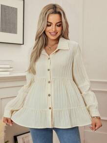 SHEIN Solid Color Long Sleeve Ruffle Hem Casual Maternity Shirt - Apricot - View 4