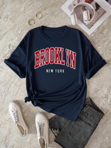 INAWLY Letter Graphic Tee Graphic Tees Women Tops - Navy Blue - View 1