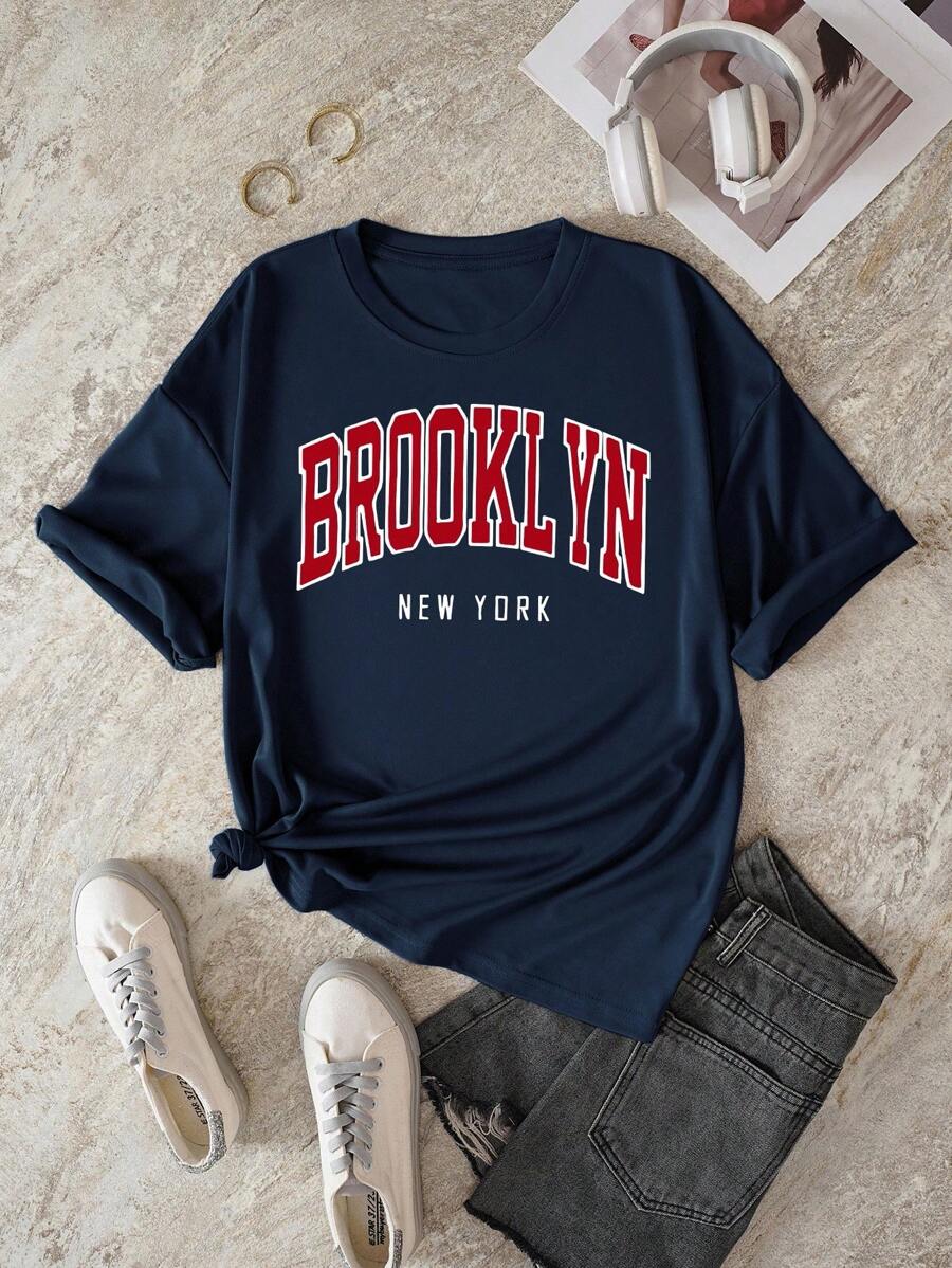 INAWLY Letter Graphic Tee Graphic Tees Women Tops - Navy Blue - View 1