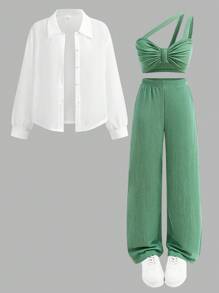 SHEIN 3pcs/Set Casual Outfit For Teens & Young Girls, Including Semi-Sheer Blouse, Camisole Top With Built-In Bra, And Simple Versatile Pants, Suitable For Outings And Gatherings