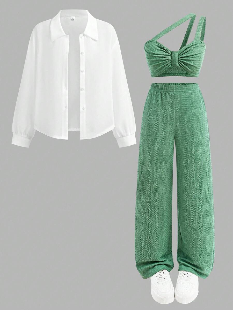 SHEIN 3pcs/Set Casual Outfit For Teens & Young Girls, Including Semi-Sheer Blouse, Camisole Top With Built-In Bra, And Simple Versatile Pants, Suitable For Outings And Gatherings