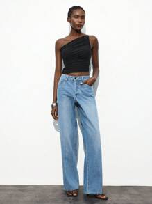 Maija New Asymmetrical Cut Asymmetric Shoulder Design Ruched Women Blouse, Spring/Summer - Black - View 2