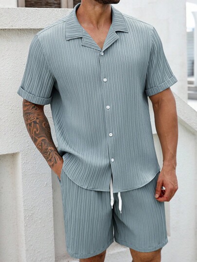 ResortEase Plus Size Men's Casual Button-Up Short Sleeve Shirt & Shorts Set